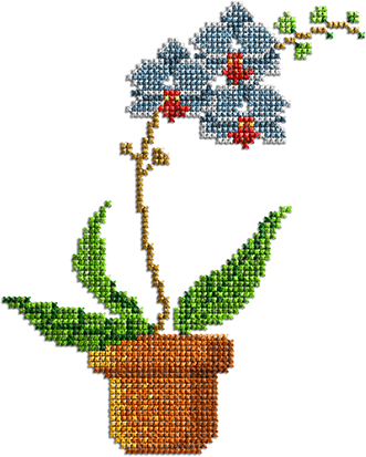 Cross stitch of an orchid in a flower pot