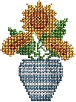 Cross stitch of a vase of sunflowers